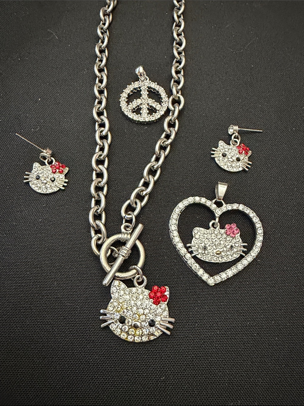 Hello Kitty Silver Tone Crystal Necklace and Earring Set with Pink Accents